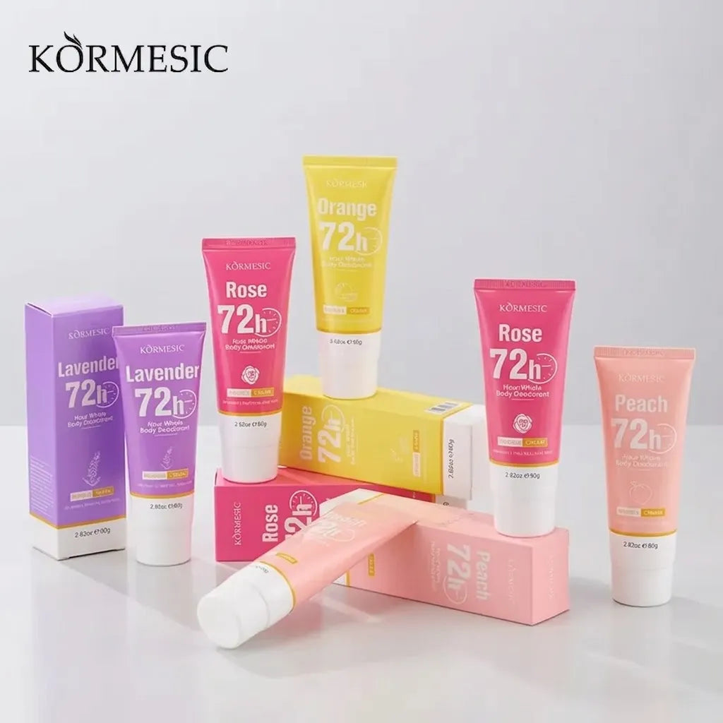 KORMESIC 72-hour sunscreen cream tubes and boxes in multiple shades including lavender, rose, orange, and peach, arranged on a light gray background.