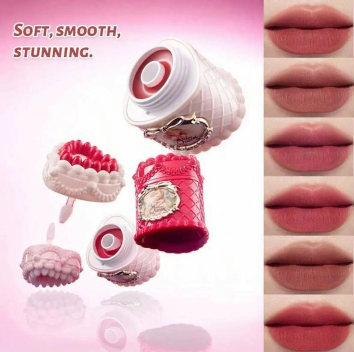 A beauty product set featuring four lip-shaped cosmetic containers in pink and red tones, alongside six close-up lip swatches on the right. The left side includes the text 'SOFT, SMOOTH, STUNNING.