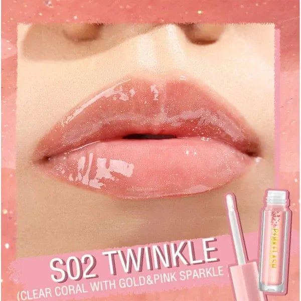 Close-up of glossy lips wearing a coral pink lip product, with the tube and applicator shown at the lower right and text reading 'S02 TWINKLE (CLEAR CORAL WITH GOLD&PINK SPARKLE)' on a pink glittery background.