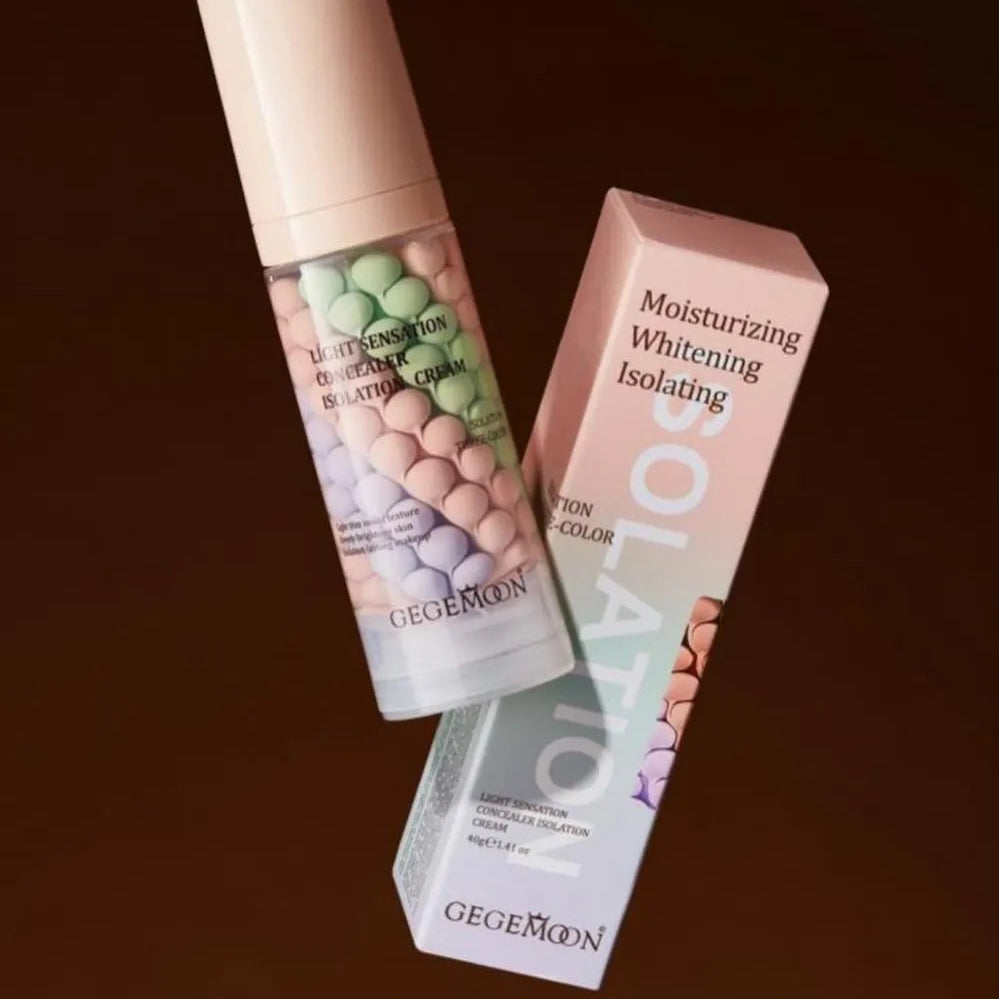 A bottle of Gegeroon Solatio moisturizing, whitening, and isolating foundation color shown next to its pink packaging box on a dark brown background.