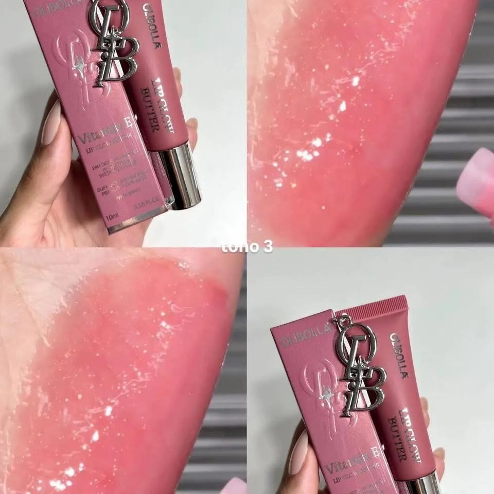 Four-panel collage showing a pink YSL Vivienne Balenciaga Lip Tint tube and its matching box, alongside close-up swatches of the glossy pink lip tint applied to skin.