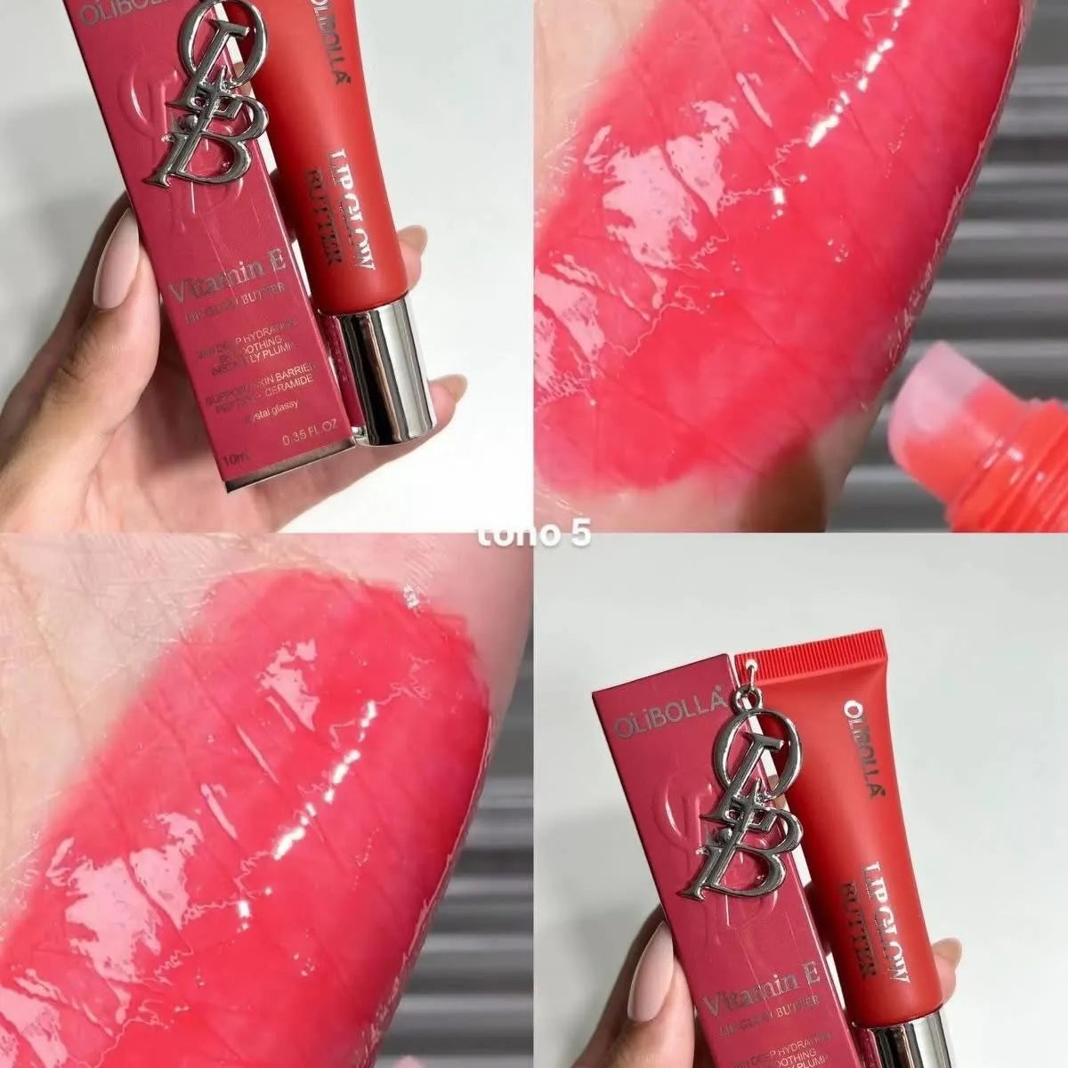 Four-panel collage showing a red Estée Lauder Vitamin B44 Lip Tint tube and matching box, with a glossy pink-red product swatch applied to skin in two panels. The text 'tono 5' appears across the center.