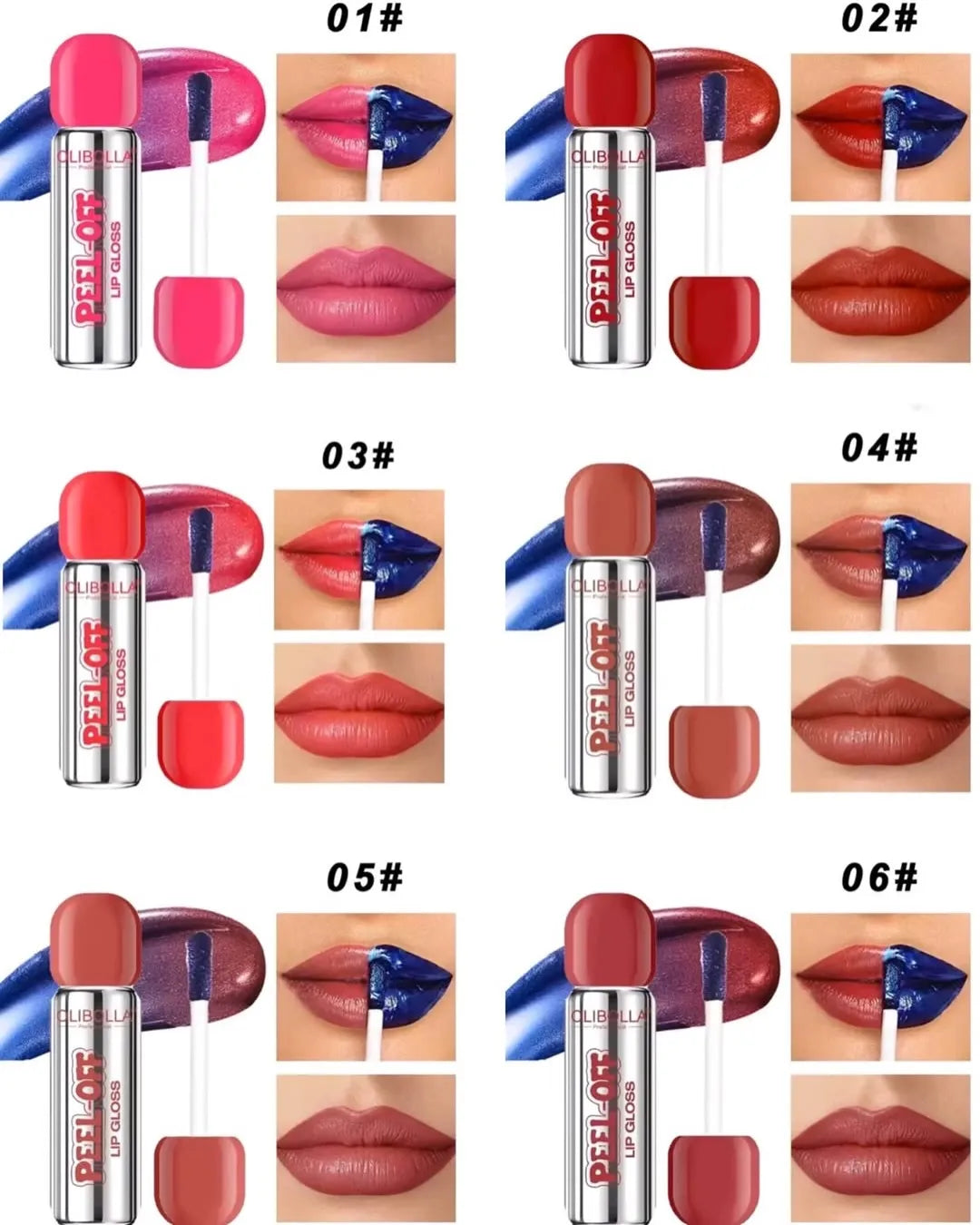 Six shade options for a lip gloss product arranged in a grid, each showing the tube, a color smear, a lip swatch, and model lips wearing the shade. The shades are labeled 01# through 06# on a white background.