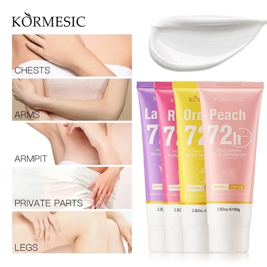 Körmesic La Rúnora Orange Peach 72-hour body deodorant shown in three colorful tubes (purple, pink, and peach) alongside a white product smear, with inset photos of body areas including chests, arms, armpit, private parts, and legs.