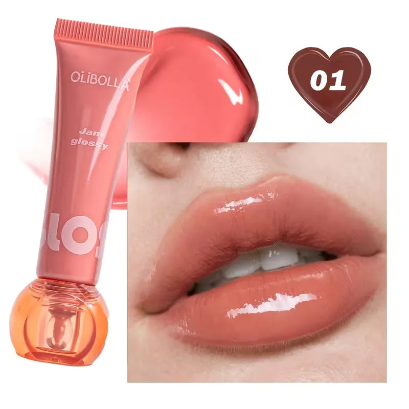 Lip gloss tube with a close-up of lips wearing the product, labeled '01'.