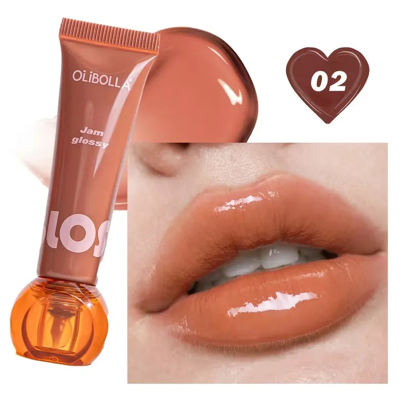 Lip gloss tube with a close-up of lips wearing the product, showing color swatch.