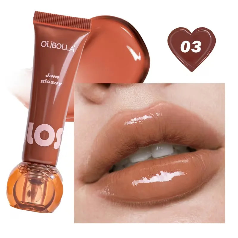 Lip gloss tube with a close-up of lips wearing the product, featuring the brand 'Olibella'.