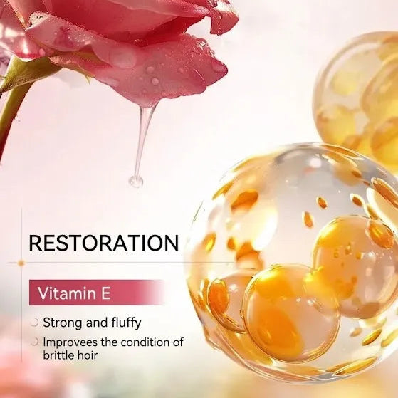 Promotional graphic for a hair nourishment product featuring a pink rose, text overlays reading 'Plant Extract for Hair Nourishment,' 'Nourish,' and 'Restoration,' and a clear droplet containing golden-yellow capsules. No physical packaged product is shown.