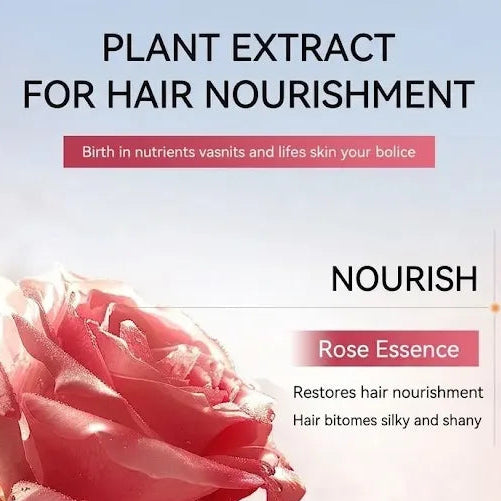 Promotional graphic for a hair nourishment product featuring a pink rose, text overlays reading 'Plant Extract for Hair Nourishment,' 'Nourish,' and 'Restoration,' and a clear droplet containing golden-yellow capsules. No physical packaged product is shown.