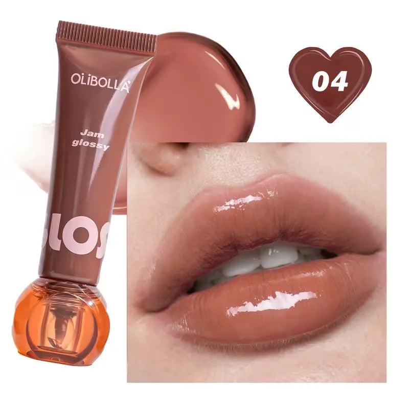 Lip gloss tube with applicator and close-up of lips wearing the product, brand 'Olibella' visible.