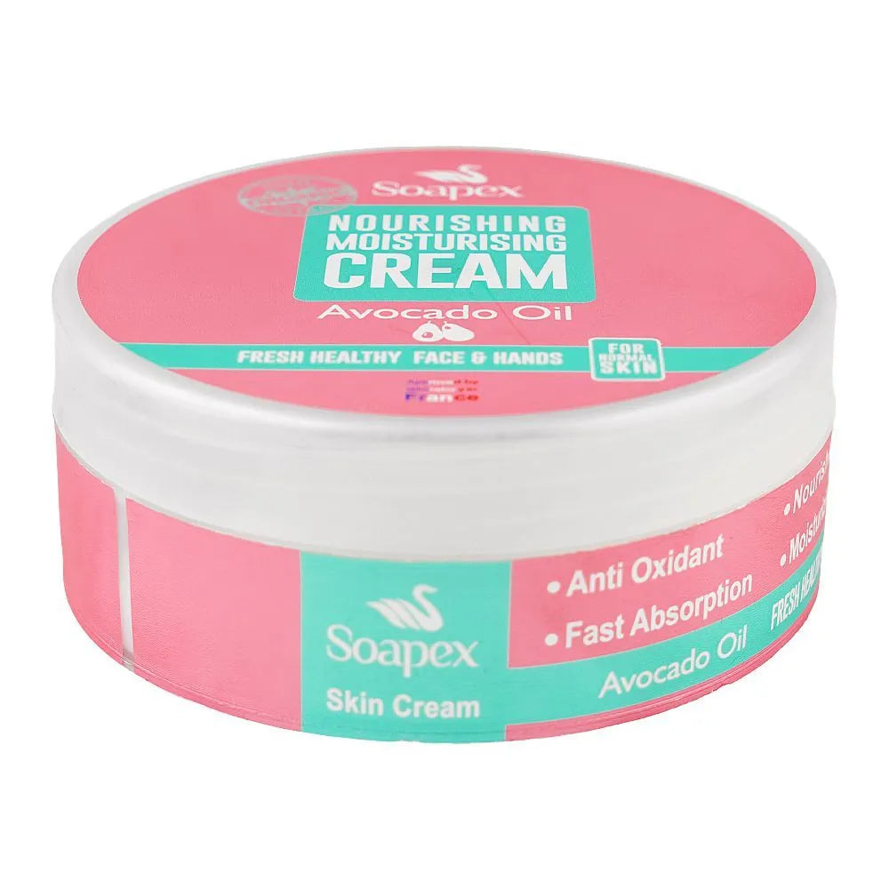 A round plastic tub of Soapex Nourishing Moisturising Cream with Avocado Oil, featuring a pink and teal label on a white background.