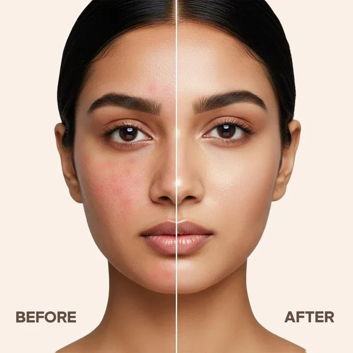 A split-face beauty comparison showing a model's face labeled BEFORE on the left and AFTER on the right, with the right side appearing smoother and more even-toned against a light beige background.