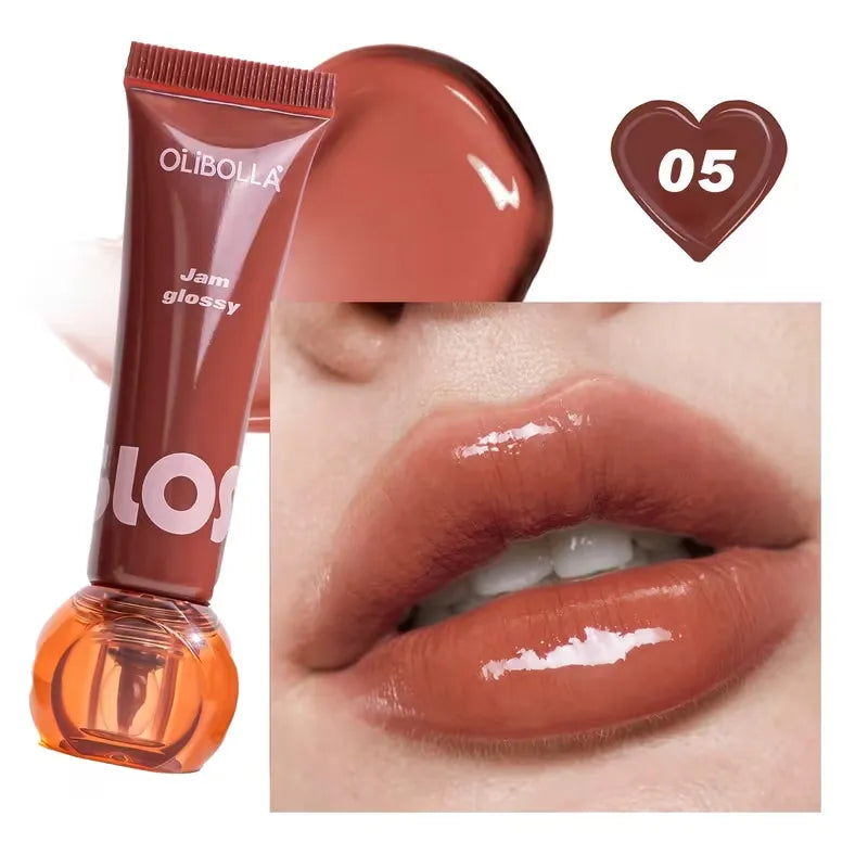 OLIBOLLA glossy lip gloss tube in shade 05, shown alongside a lip swatch and a close-up of glossy lips wearing the product.