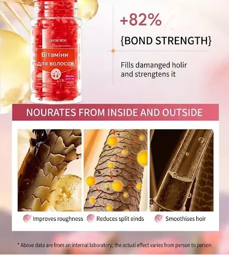 An infographic-style promotional graphic for a hair bonding treatment. The top text reads 'RECOVERY FROM BYTHIN' and shows a hand holding a glowing amber device over a hair root, with before/after-style results including '+93% SLEEKNESS' and '+82% BOND STRENGTH.