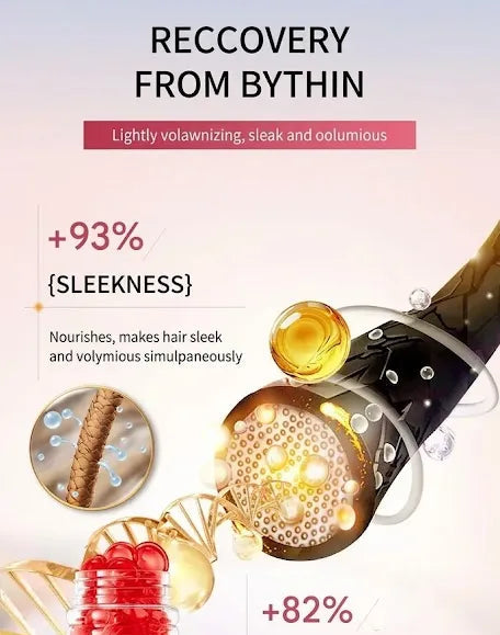 An infographic-style promotional graphic for a hair bonding treatment. The top text reads 'RECOVERY FROM BYTHIN' and shows a hand holding a glowing amber device over a hair root, with before/after-style results including '+93% SLEEKNESS' and '+82% BOND STRENGTH.
