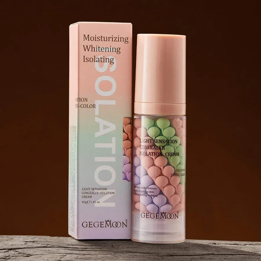 GEGEMOON Solatio Moisturizing Whitening Isolating Lotion 20ml bottle next to its packaging box, set on a rustic wooden surface against a dark brown background.