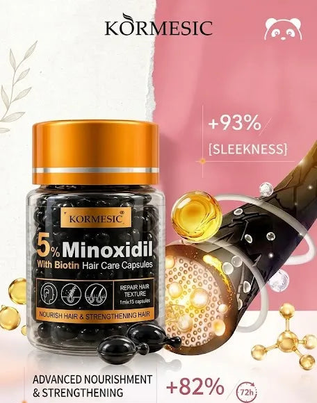 Kormesic 5-Minoxidil hair regrowth capsules in a clear bottle with an orange cap, shown on a pink and white infographic with before-and-after hair recovery photos and text claims.