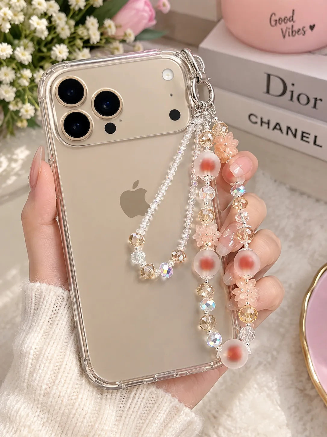 Double-Layer Beaded Phone Charm Wristlet with Flower Accents