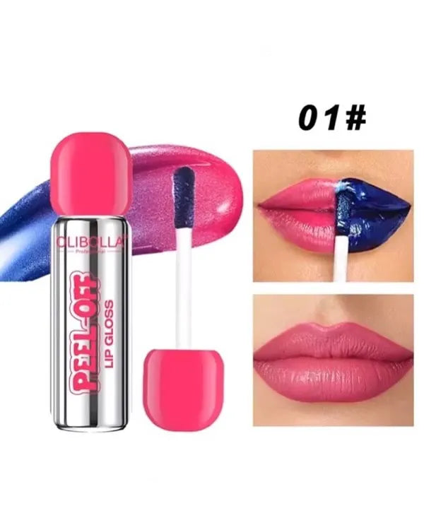 A bottle of CLIBILLAA Peel-Off Lip Gloss alongside a doe-foot applicator and two inset photos showing the gloss applied to lips. The product color is a bright pink, labeled as shade 01#.