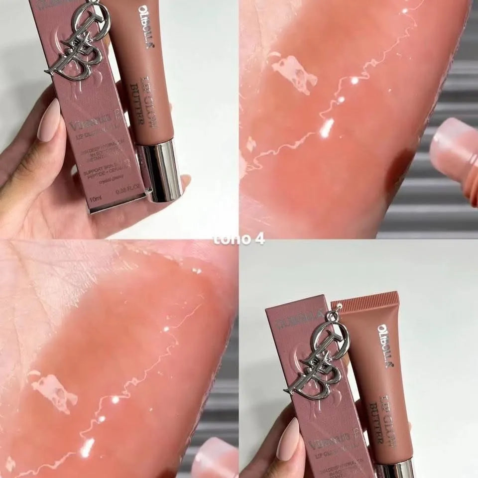 Four-panel collage showing a makeup product and its packaging, with a hand holding a pinkish nude tube and matching box alongside large swatches of the product on skin. The text 'tono 4' appears across the center.