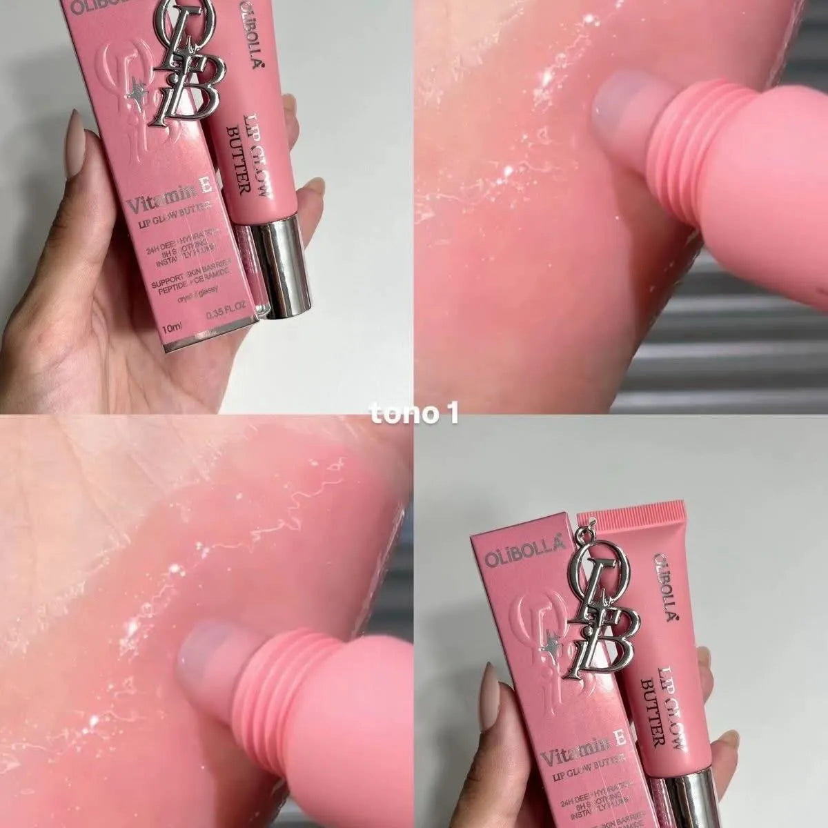 A four-panel collage showing a pink cosmetic tube and matching box labeled OLIBOLLA Vit-mince Butter, held in a hand with a swatch of glossy pink cream applied on skin. A pink applicator sponge is used to apply the cream.
