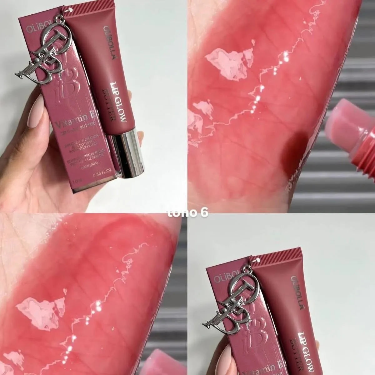 A four-panel collage showing a hand holding a pink cosmetic tube and bottle from Oribe, alongside close-up swatches of the product applied to skin. The product appears to be a lip gloss or liquid lipstick in a dusty rose/pink shade, with Oribe branding visible on the packaging.