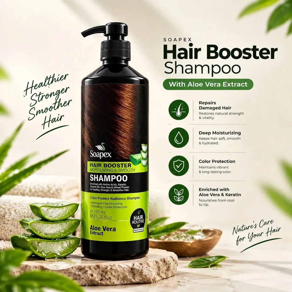 A bottle of Soapex Hair Booster Shampoo with Aloe Vera Extract, displayed on a stone slab with fresh aloe vera slices. The background is a soft beige with text detailing the benefits of the shampoo, and the Soapex logo is visible.