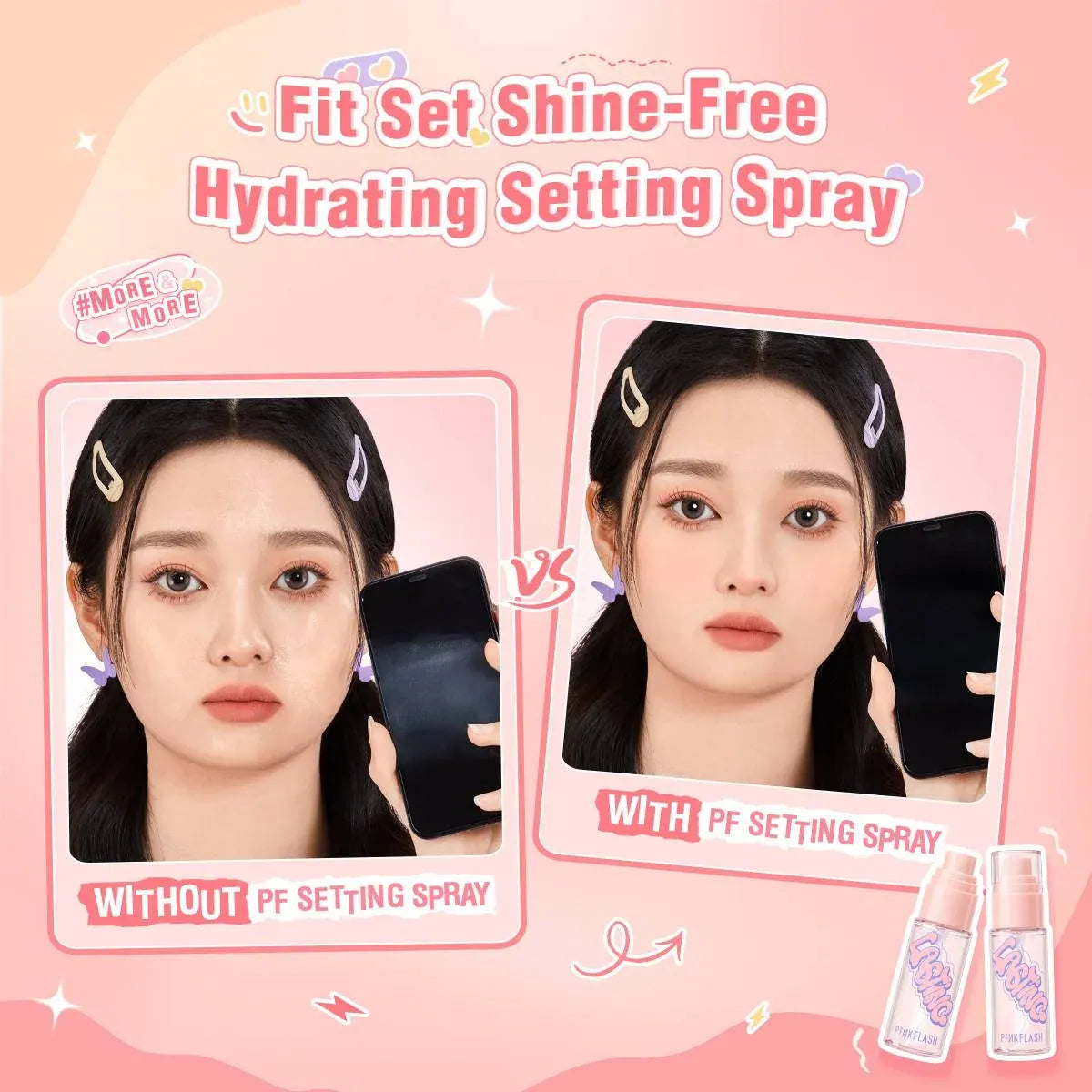 Promotional graphic for a hydrating setting spray, showing a woman's face before and after applying the product. The left panel is labeled 'WITHOUT PF SETTING SPRAY' and shows a matte finish, while the right panel is labeled 'WITH PF SETTING SPRAY' and shows a shiny, dewy finish.