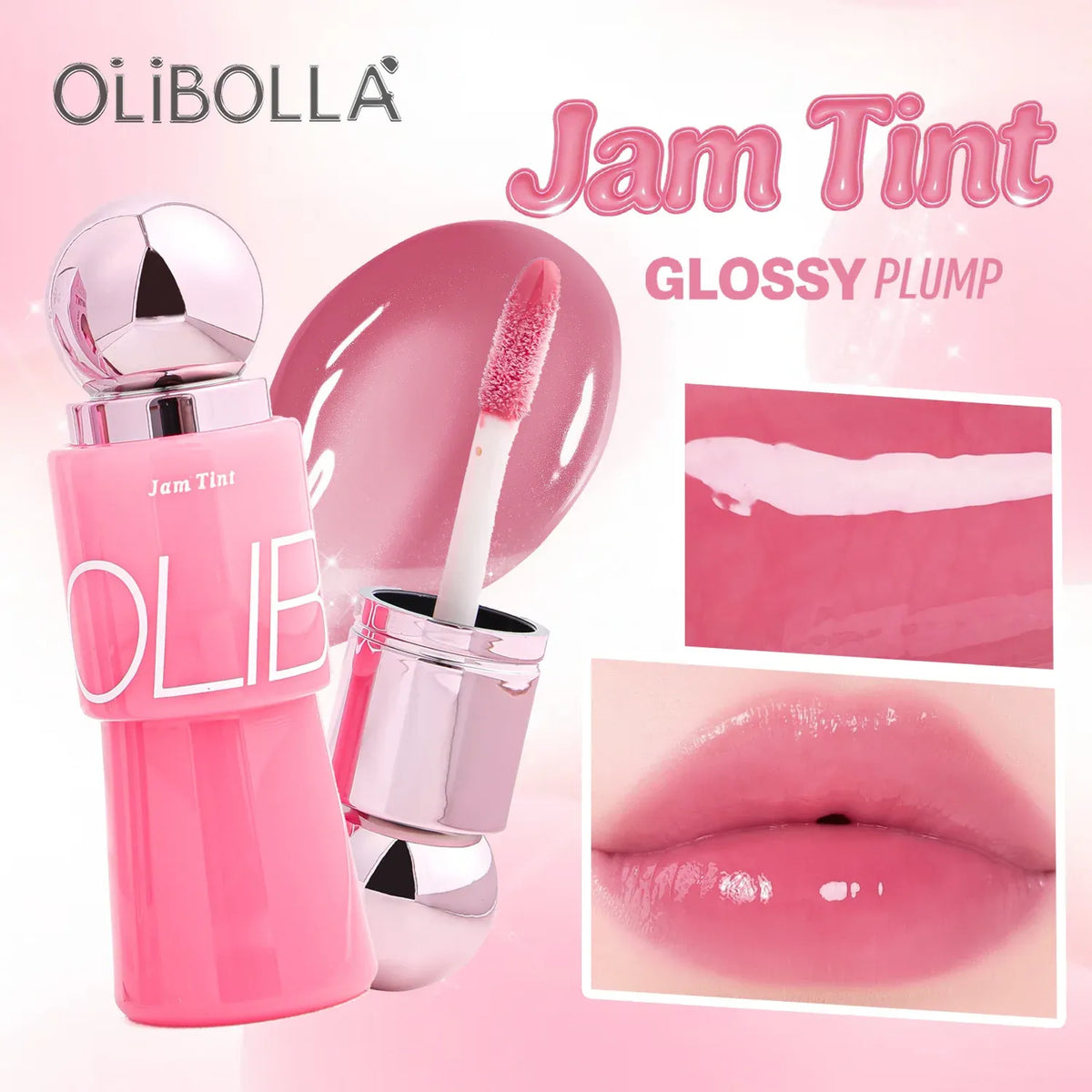 OliBolla Jam Tint Glossy Plump lip color in a pink tube with a metallic cap, shown alongside a lip applicator, a glossy pink swatch, and two inset close-ups of lips wearing the tint against a soft pink background.