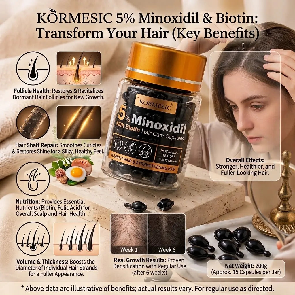 Körmesic 5% Minoxidil & Biotin hair care capsules bottle shown on a beige countertop with a woman touching her hair, benefit icons, before/after hair strand examples, and text describing overall hair transformation benefits.