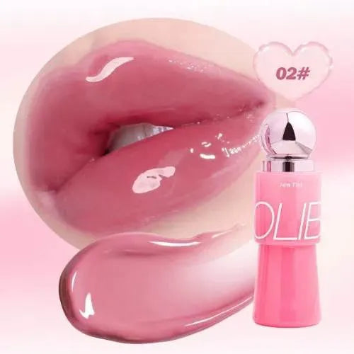 Pink lip gloss with applicator and close-up of lips wearing the color on a pink background