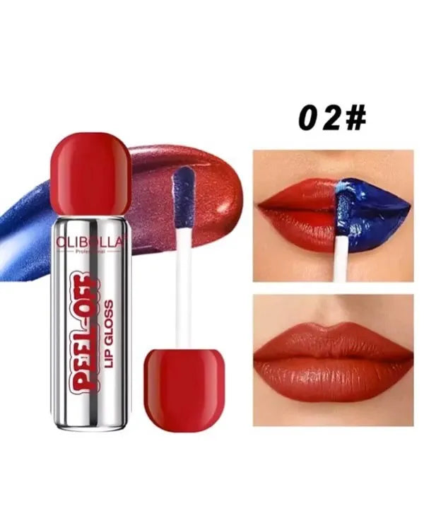 OLIBILLA Peel-Off Lip Gloss in shade 02#, showing the silver and red tube, the applicator wand, a gloss swatch, and two close-up photos of lips wearing the glossy red-brown finish.