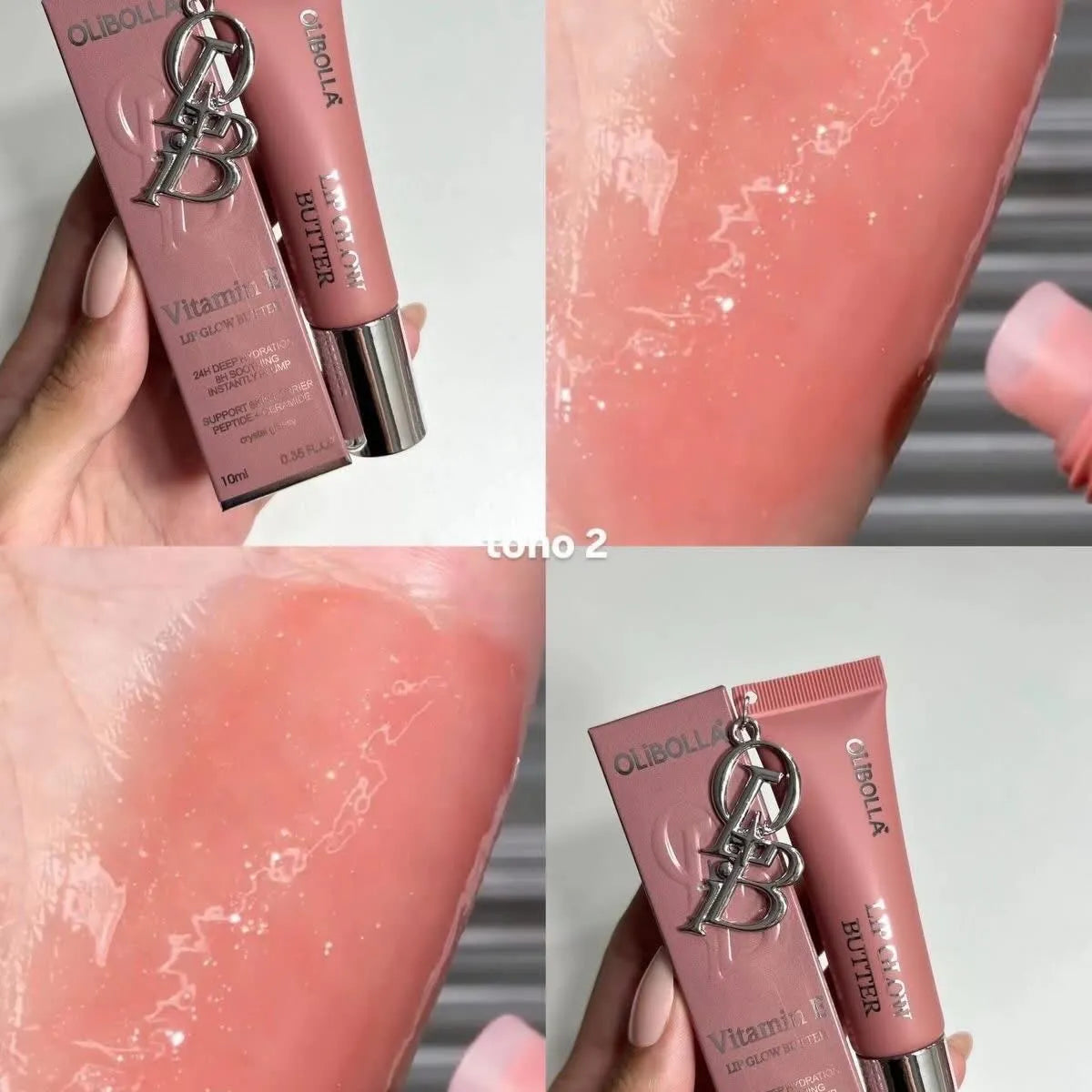 Four-panel collage showing a Qubolita VitamiLLK Butter lip balm tube in a dusty pink shade, held in a hand and swatched on skin to demonstrate texture and color. The tube features a metallic silver interlocking Q and B logo.