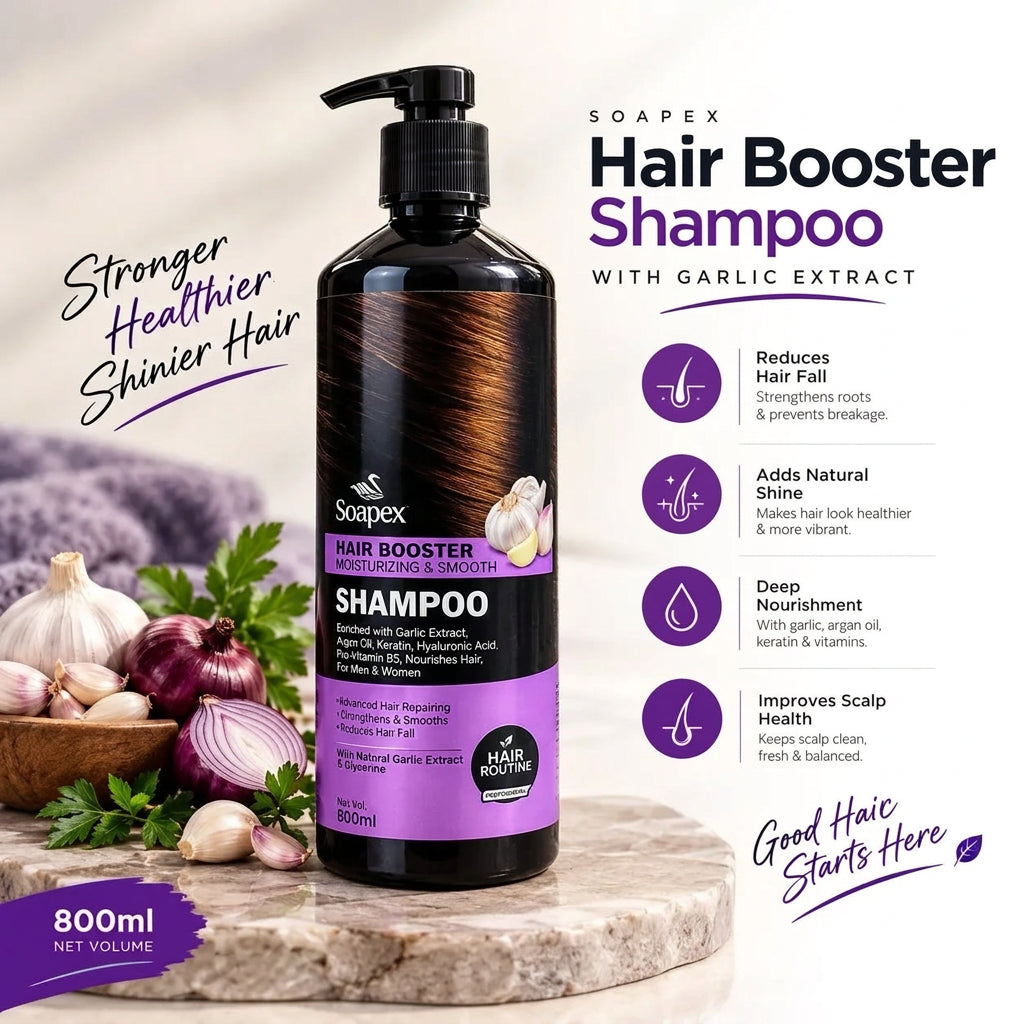 A bottle of Soapex Hair Booster Shampoo with Garlic Extract by NTRaders, displayed on a marble slab with garlic and onions, set against a soft-focus background with product benefits listed on the right.
