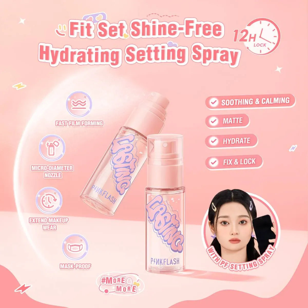 PinkFlash Fit Set Shine-Free Hydrating Setting Spray shown in a pink promotional graphic with product features, icons, and a model photo on a soft pink background.