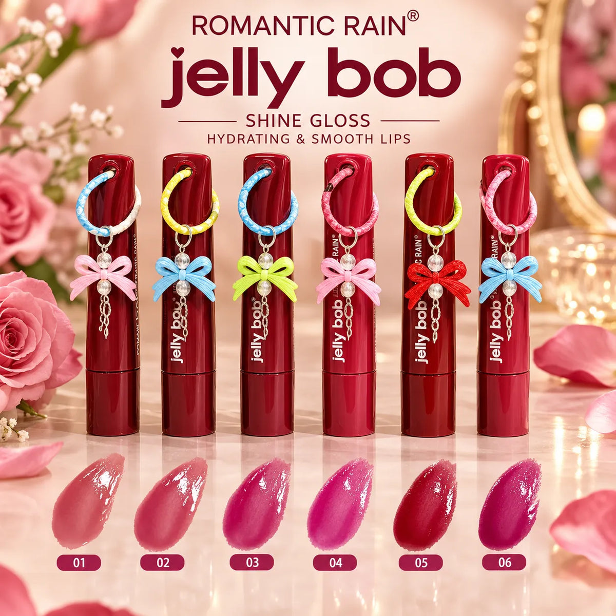 Six Jelly Bob Shine Gloss lipsticks in deep red tubes are lined up on a glossy surface with colorful decorative bows attached. Below the tubes are six pink, mauve, and berry gloss swatches labeled 01 through 06.