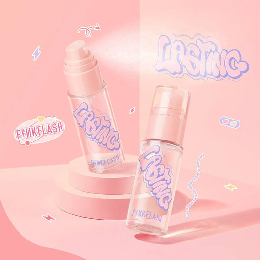 Two clear cosmetic bottles with pale pink caps and pink branding reading 'Lasting' and 'Pinkflash' on a pink studio background with decorative doodles and text.