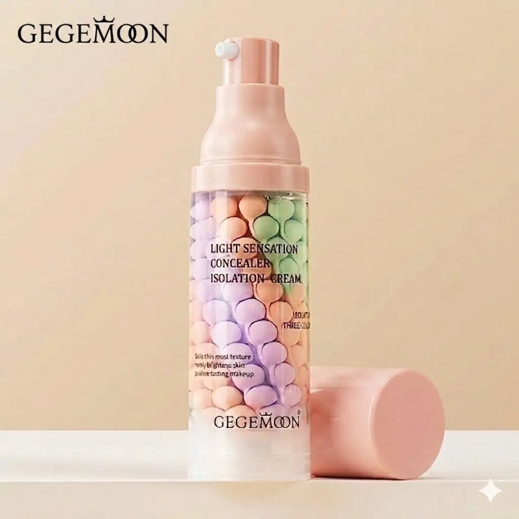 GEGEMOON Light Sensation Concealer Isolation Cream in a clear pump bottle with pastel bubble graphics, shown with its pink cap beside it on a beige background.