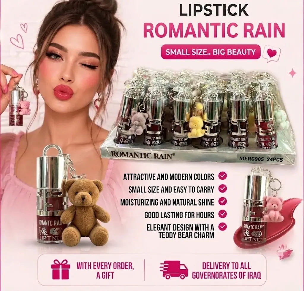 Promotional graphic for 'Lipstick Romantic Rain' lipstick keychains, featuring a woman holding one, a tray of multiple packaged keychains, and close-up product shots with teddy bear charms, set against a pink background with marketing text.