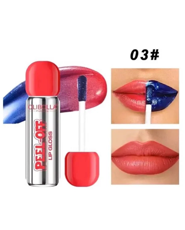 CLIBELLA Peel-Off Lip Gloss in shade 03#, showing the silver and red tube, the applicator wand, a glossy red swatch, and two close-up photos of lips wearing the red lip gloss.