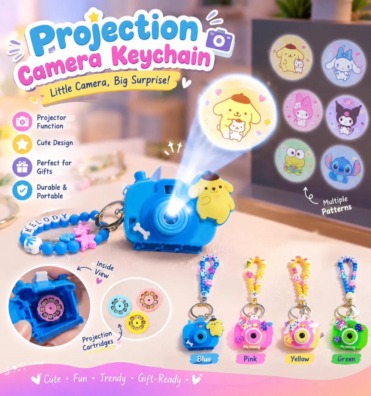 Cinnamoroll, Kuromi & My Melody Projection Camera Keychain