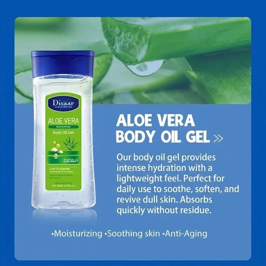 Disaar Aloe Vera Body Oil Gel in a clear plastic bottle with a blue cap and green label, set against a blue background with aloe vera leaves and descriptive text.