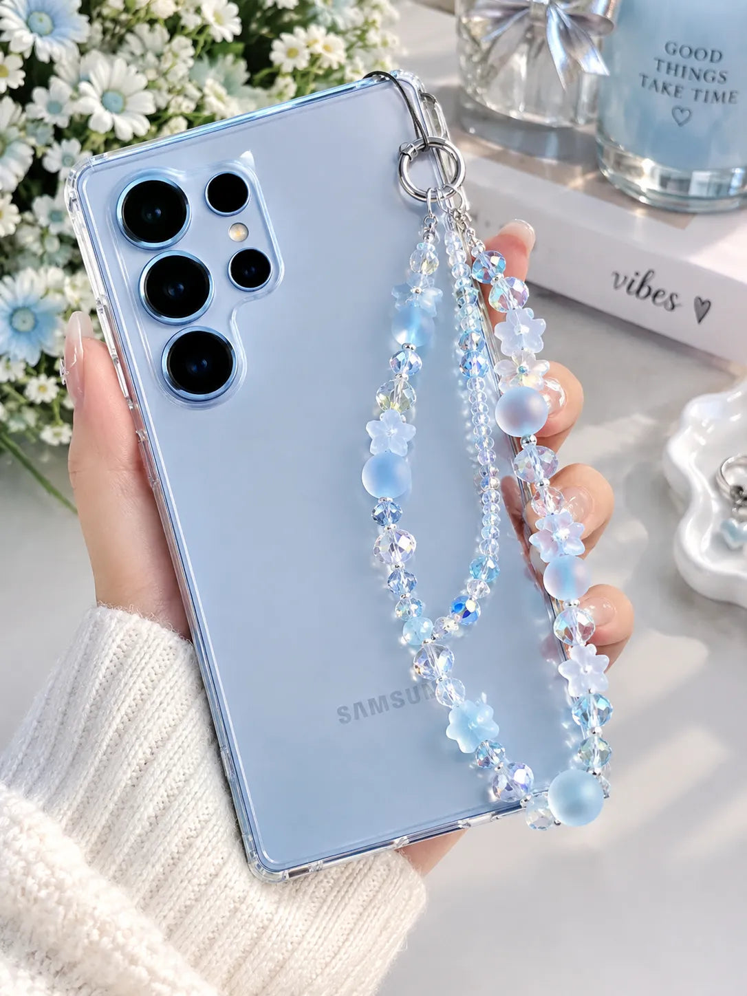 Double-Layer Beaded Phone Charm Wristlet with Flower Accents