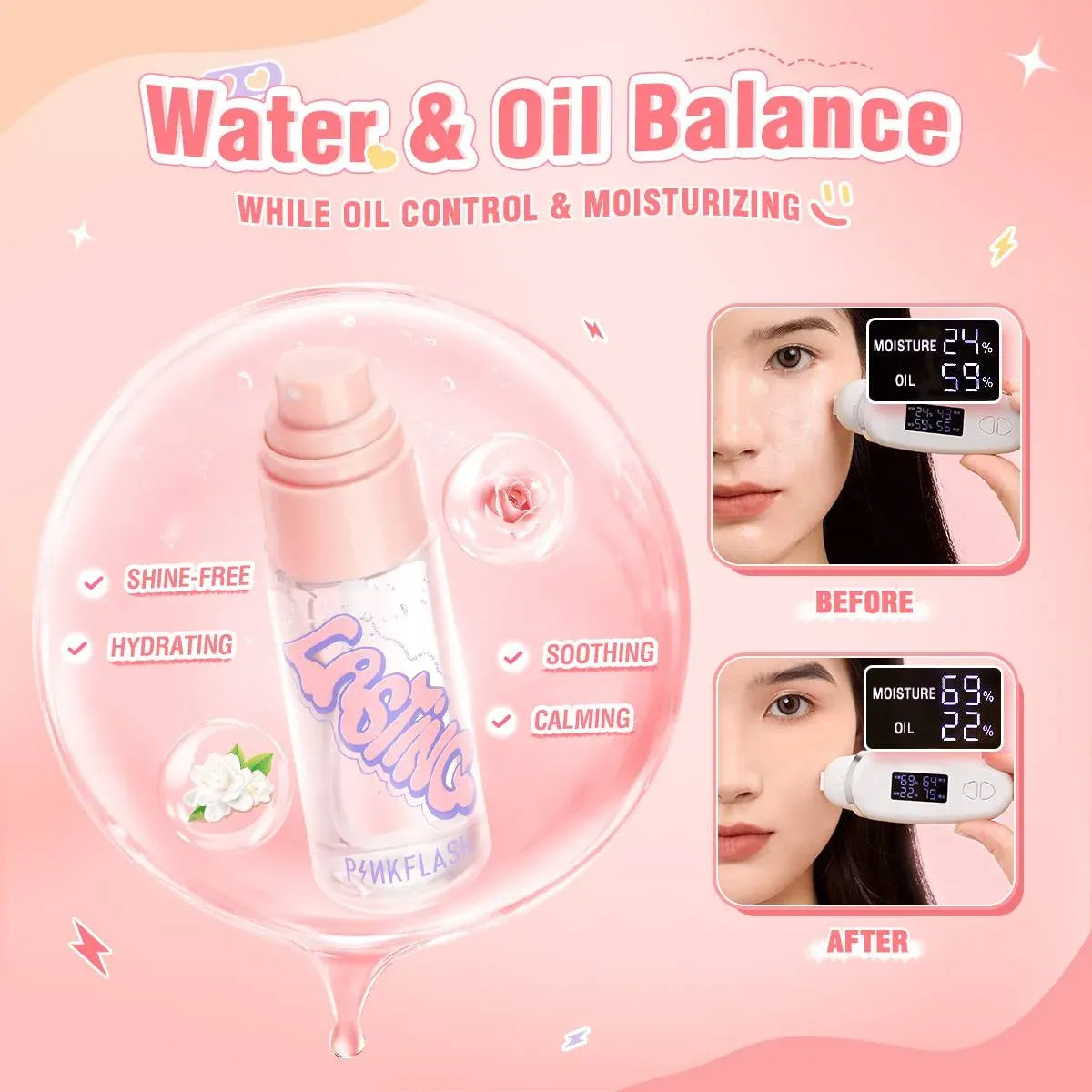 Pink cosmetic pump bottle labeled 'LALALIA' on a pink graphic background with text reading 'Water & Oil Balance' and before/after skin moisture results shown on a model.