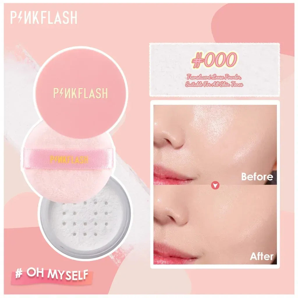 Pinkflash liquid foundation makeup set featuring a pink cushion compact, a powder puff, and a before-and-after close-up of a model's cheek showing a glowing finish.