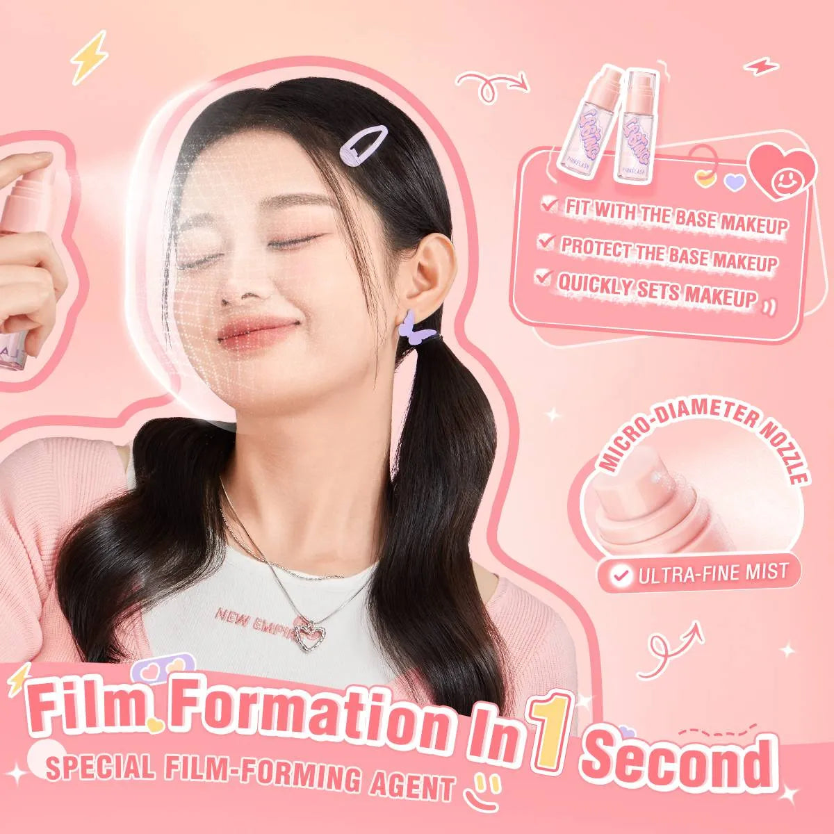 A promotional graphic for a film-forming mist spray. A young woman with dark hair in a ponytail is shown spraying the product from a pink bottle, with a pink circular highlight effect around her face.