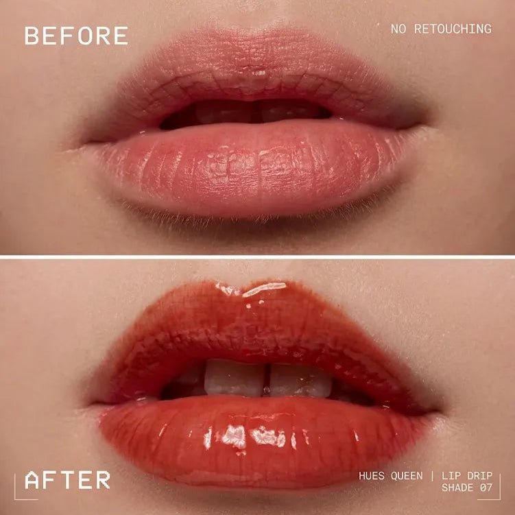 Before and after close-up of a person's lips showing a lip color application. The top panel labeled BEFORE shows natural lips with a muted pink tone and text reading 'NO RETOUCHING.