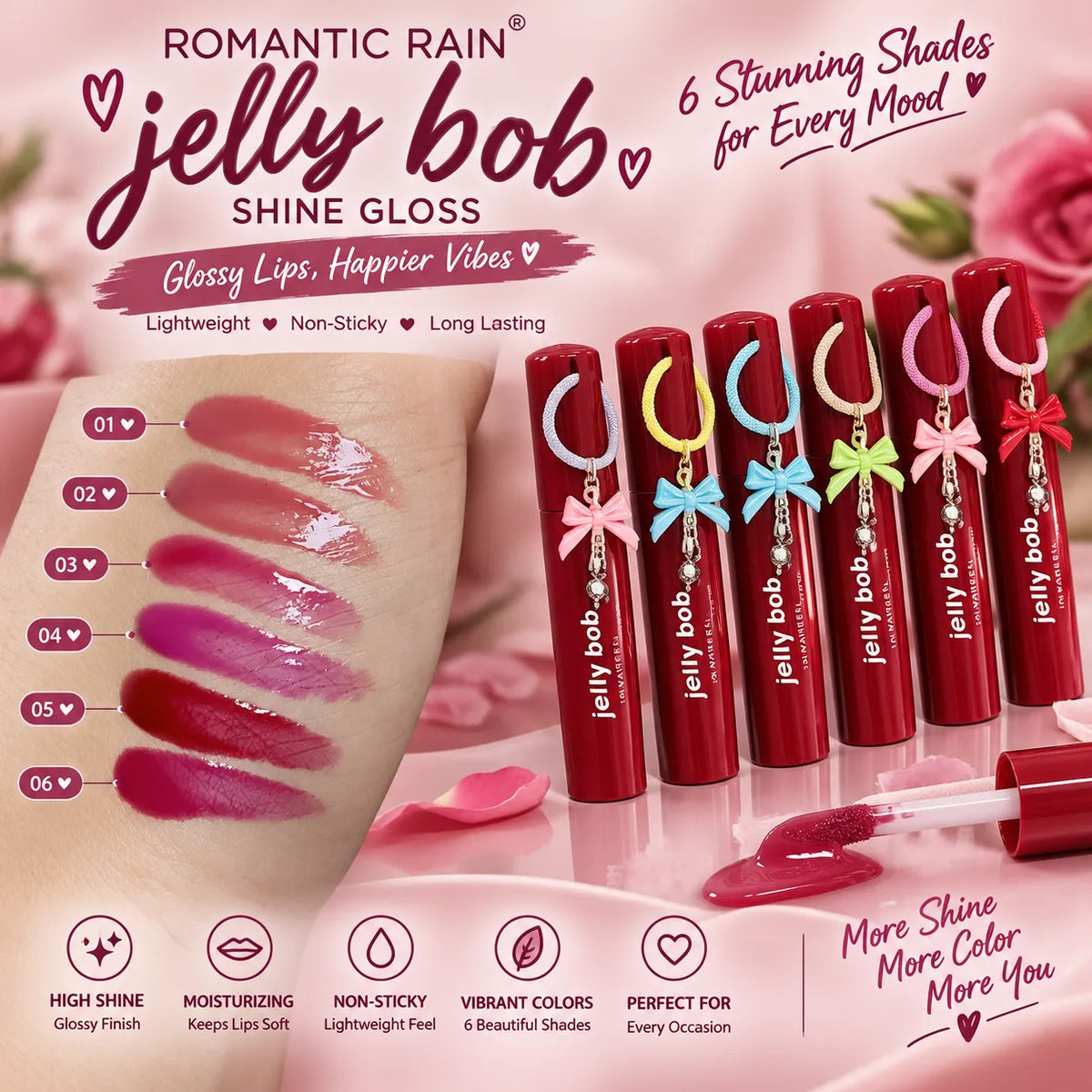Romantic Rain Jelly Bob Shine Gloss lip product set with six red tubes decorated with bows and colored rings, shown beside six glossy lip swatches on skin and promotional text on a pink background.