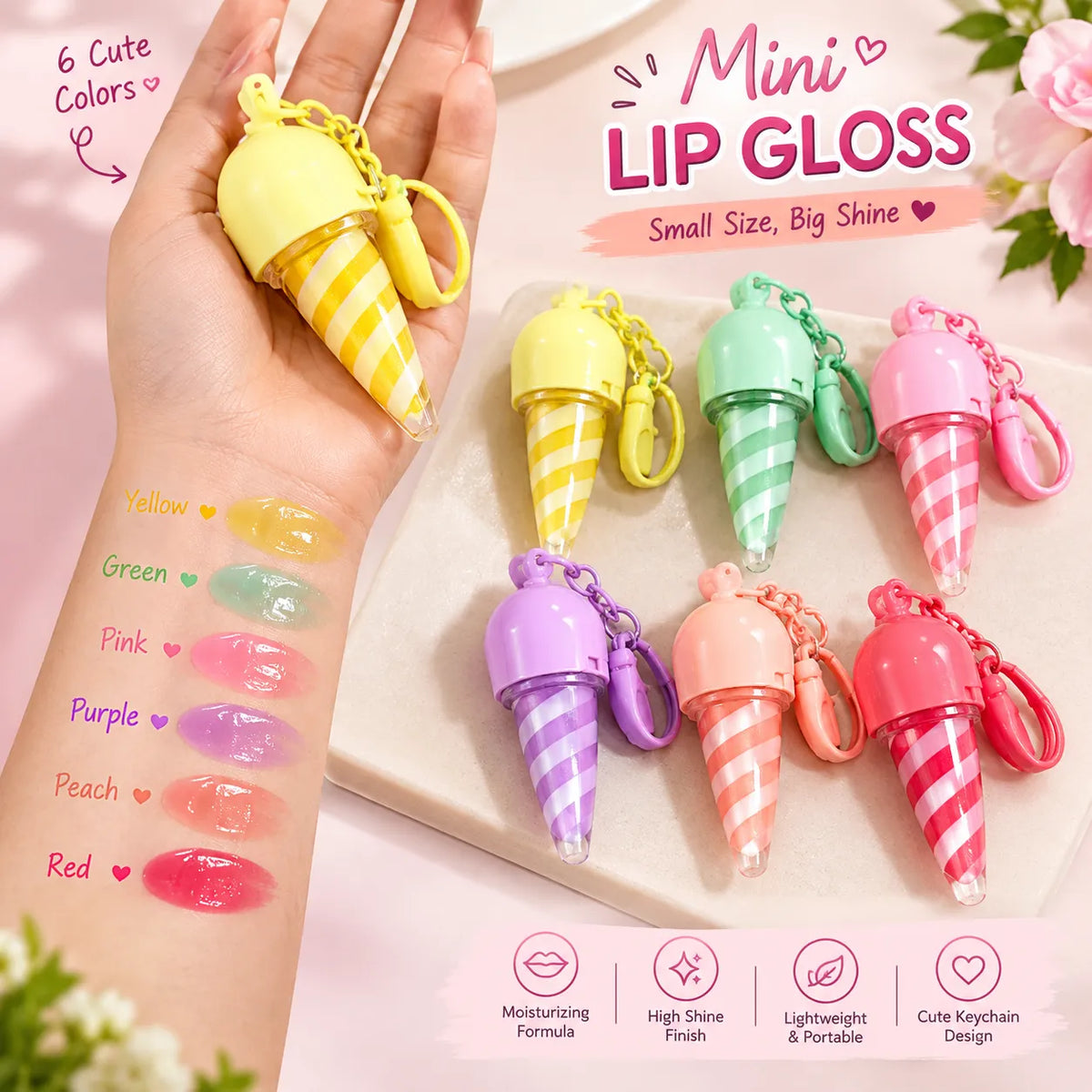 Mini lip gloss keychains shaped like ice cream cones shown in multiple pastel colors, with several swatches applied on a hand. The image includes text reading '6 Cute Colors,' 'Mini LIP GLOSS,' and feature icons for moisturizing formula, high shine finish, lightweight portability, and cute keychain design.