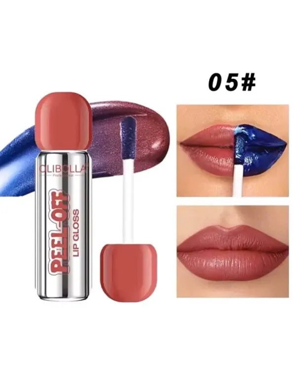 Clibella Peel-Off Lip Gloss in shade 05#, showing the silver tube with a coral-peach cap, the applicator wand, a glossy color smear, and two inset photos of lips wearing the finish.